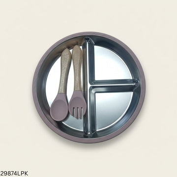Food Grade Silicone Stainless Steel Dining Plate - Light Pink