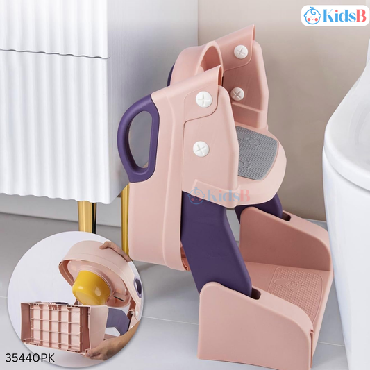 2 in 1 Foldable Potty Training Toilet Commode Seat with Ladder - Pink