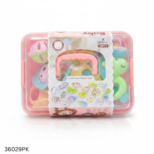 Silicone Baby Rattle & Teether Set 18pcs - Pink