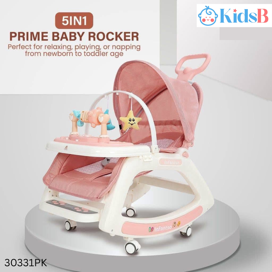 5 in 1 Prime Baby Dining Rocking Chair with Wheels - Pink