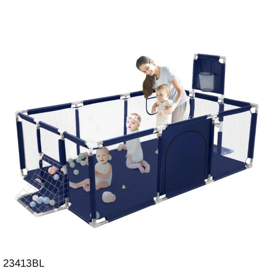 Baby Playpen Children Game Fence with Basketball Hoop, Football Net & Zipper Door - Blue