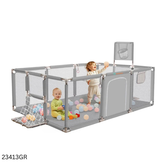 Baby Playpen Children Game Fence with Basketball Hoop, Football Net & Zipper Door - Gray