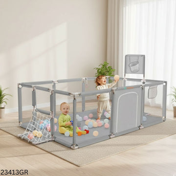 Baby Playpen Children Game Fence with Basketball Hoop, Football Net & Zipper Door - Gray