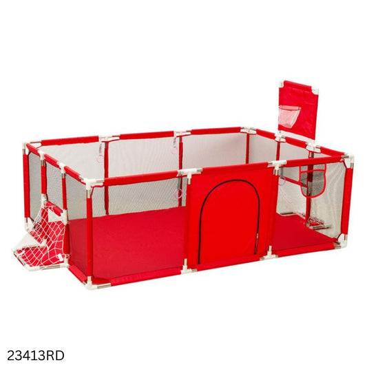 Baby Playpen Children Game Fence with Basketball Hoop, Football Net & Zipper Door - Red