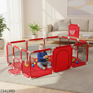 Baby Playpen Children Game Fence with Basketball Hoop, Football Net & Zipper Door - Red