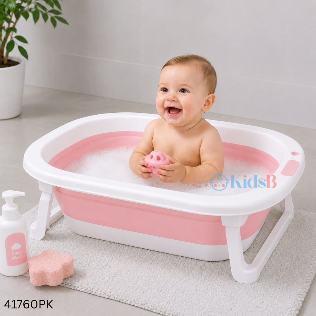 Foldable Baby Bathtub with Stand & Drain Plug – Pink