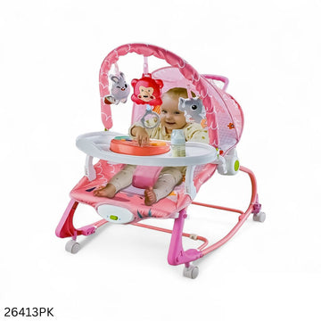 Hu-Baby 4 in 1 Multifunctional Baby Rocker With Music, Vibrations, Wheels & Dining Tray - Pink