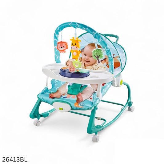 Hu-Baby 4 in 1 Multifunctional Baby Rocker With Music, Vibrations, Wheels & Dining Tray - Blue