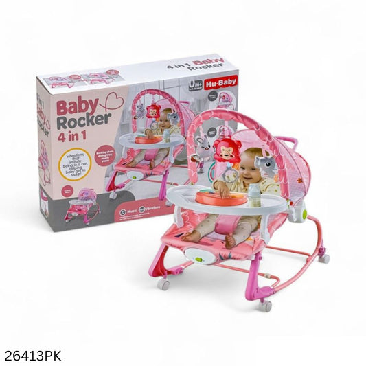 Hu-Baby 4 in 1 Multifunctional Baby Rocker With Music, Vibrations, Wheels & Dining Tray - Pink