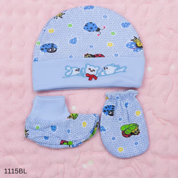 Newborn Baby Cotton Hat & Mittens 3Pcs Set - Blue