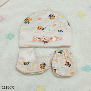 Newborn Baby Cotton Hat & Mittens 3Pcs Set - Cream