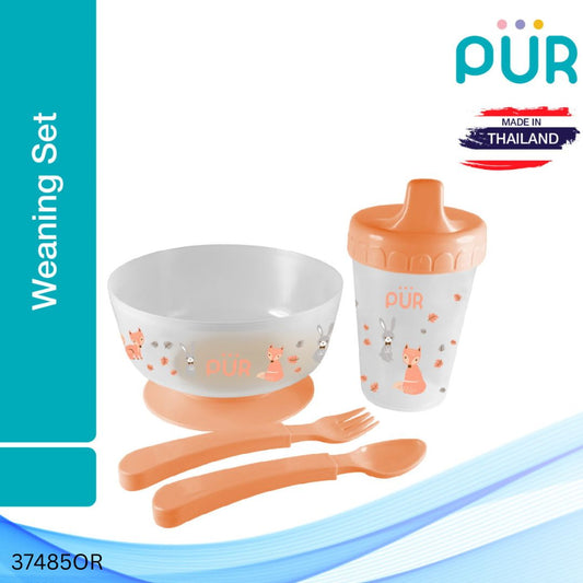 PUR Weaning Set (Cup, Non-Spill Bowl, Spoon & Fork) - Orange