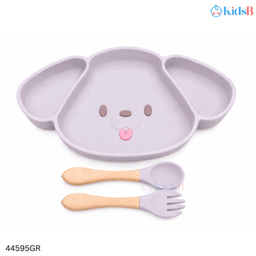 Puppy Face Silicone Suction Plate with Spoon – Gray