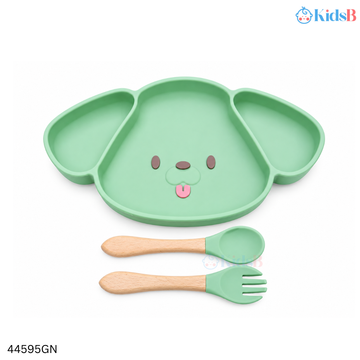 Puppy Face Silicone Suction Plate with Spoon – Green
