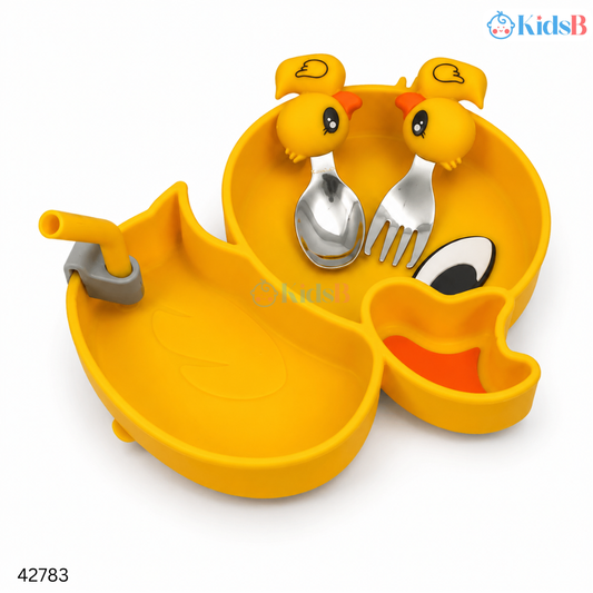 Silicone Plate with Suction Spoon & Fork Set – Duck