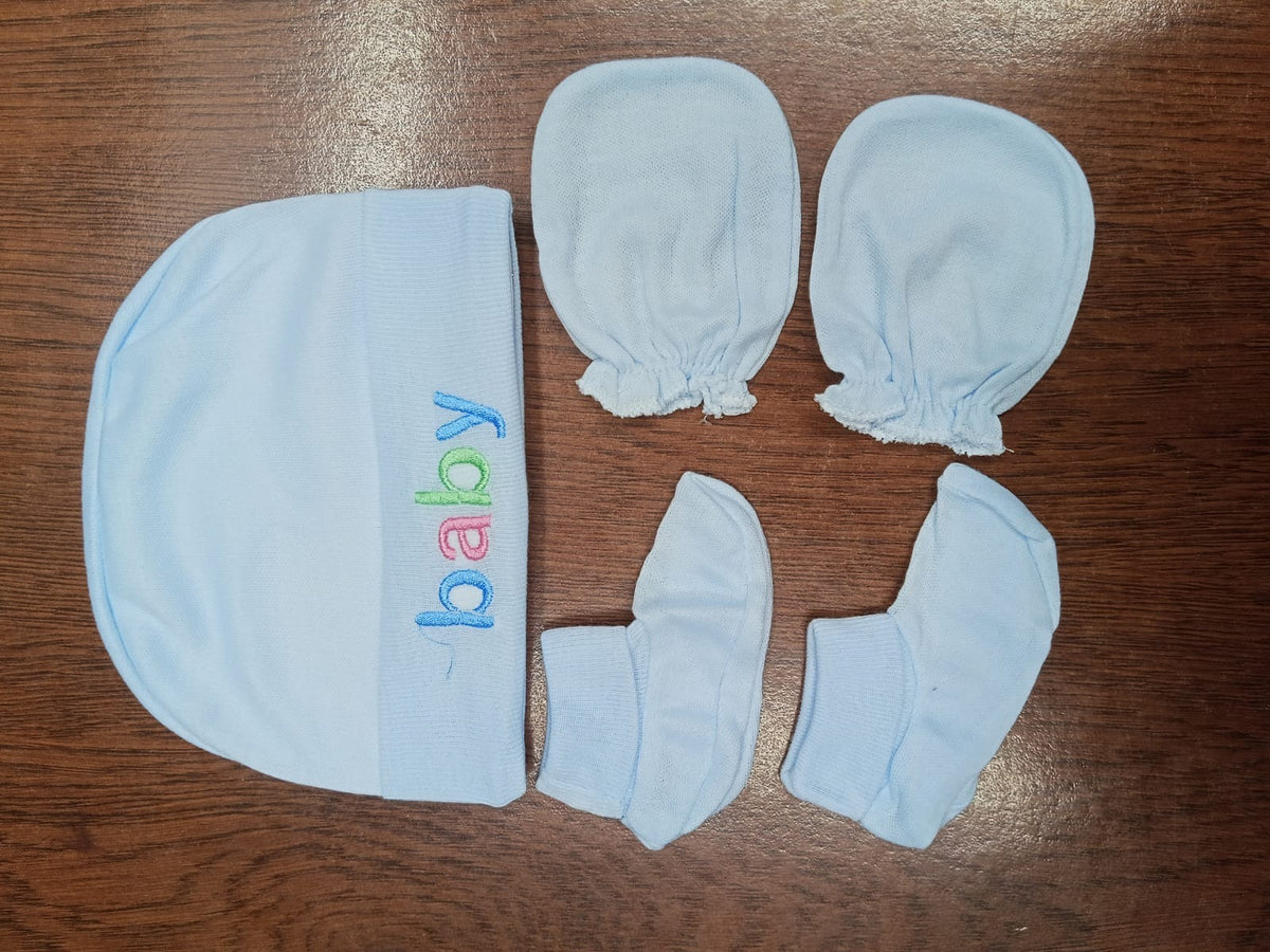 Newborn Soft Cotton Mitten Gloves Cap and Booties Set - Blue