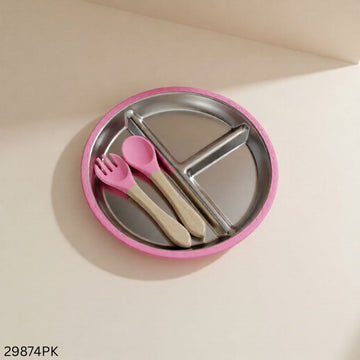 Food Grade Silicone Stainless Steel Dining Plate - Pink